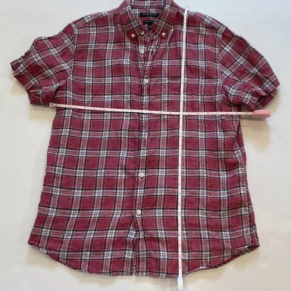 Banana Republic Camden Standard Fit Red Plaid Button Up Linen Shirt, M